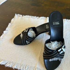 Stuart Weitzman Black Leather Slide Mules with Contrast Stitching